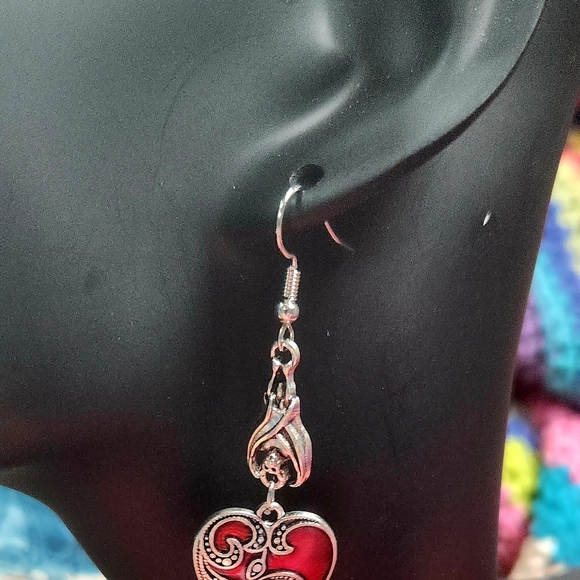 Heart Earrings Silver Enamel Drop Heart - Picture 7 of 8
